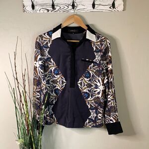 CORLY Long Sleeve Paisley Print Blouse With Front Pocket Buttons Down To Waist